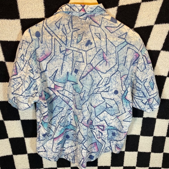 Vintage Try 1 Retro Geometric Blue And White Womens Short Sleeve Button Up Shirt - Picture 3 of 4